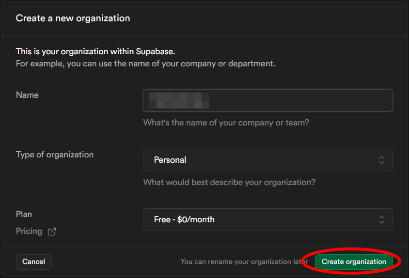 Screenshot showing how to create an organization on supabase.com